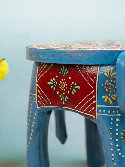 Hand Painted Elephant Stool - Blue - 7 inch - WL5222