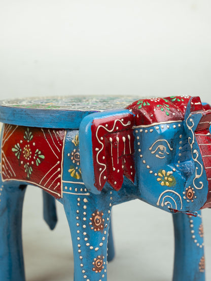 Hand Painted Elephant Stool - Blue - 7 inch - WL5222