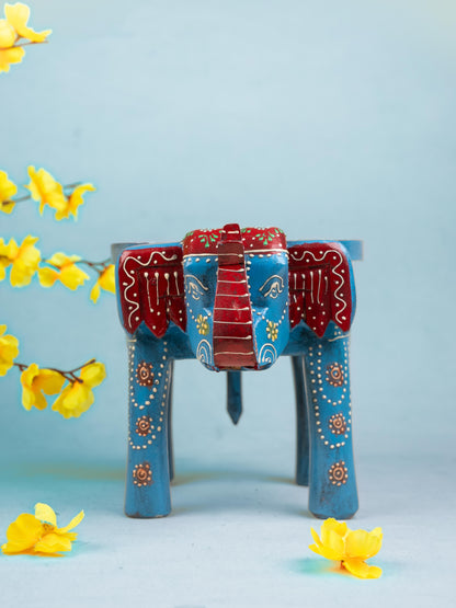 Hand Painted Elephant Stool - Blue - 7 inch - WL5222