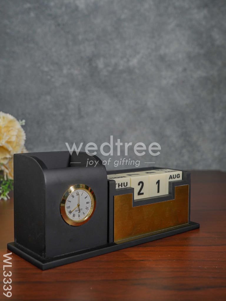 Black Matte Finish Pen Stand with Clock & Calender - WL3339
