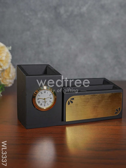 Black Matte Finish Pen Stand with Clock - WL3337