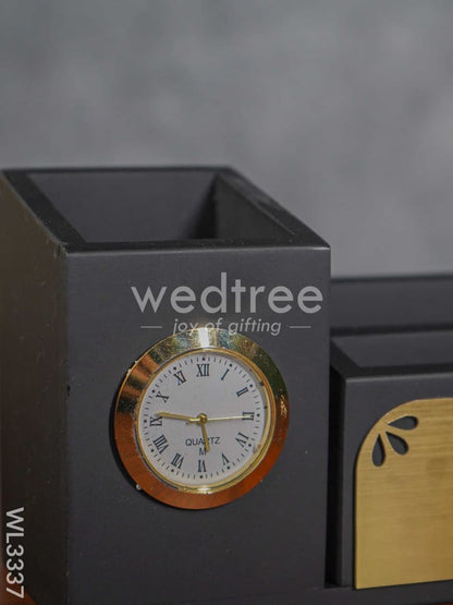 Black Matte Finish Pen Stand with Clock - WL3337