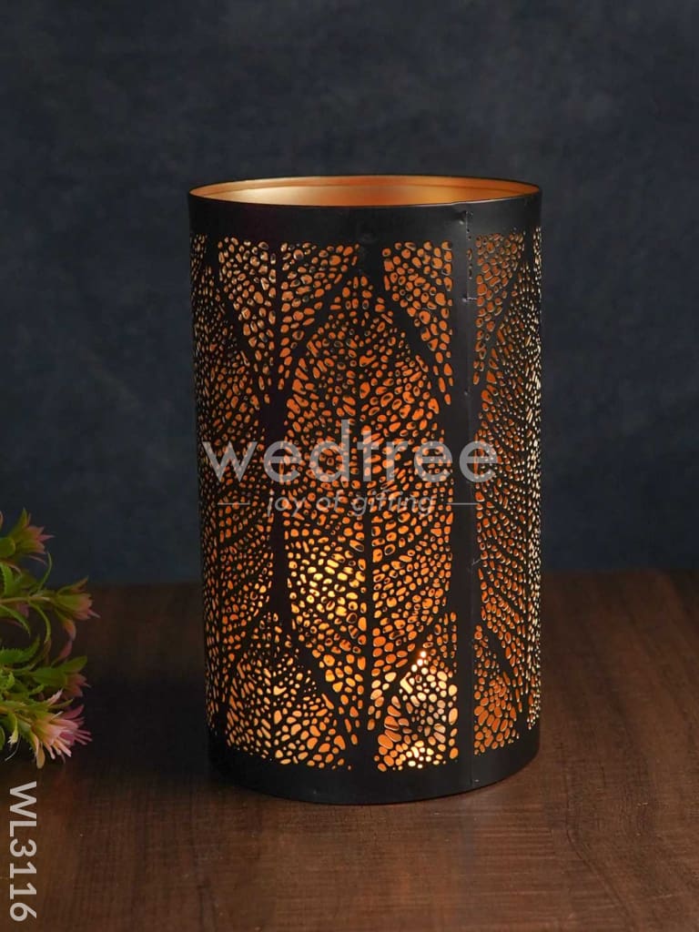 Black Matte Votive in Leaf Design Jhaali Pattern - Big - WL3116