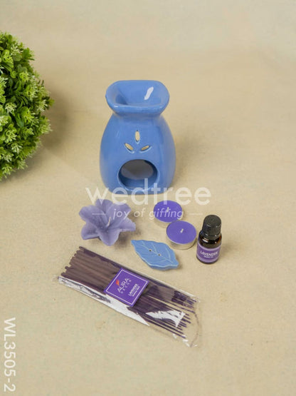 Blue Pottery Diffuser Candle Holder with Lavender Oil and Incense Sticks - WL3505-2