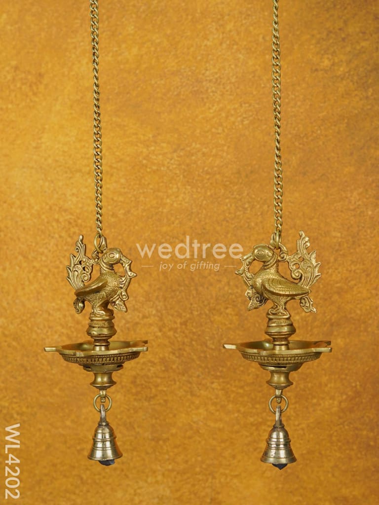 Brass Annapakshi Hanging 5-Face Diya with Bell [Set of 2] - WL4202
