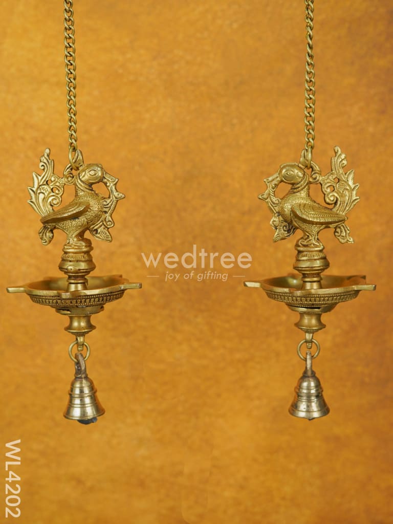 Brass Annapakshi Hanging 5-Face Diya with Bell [Set of 2] - WL4202