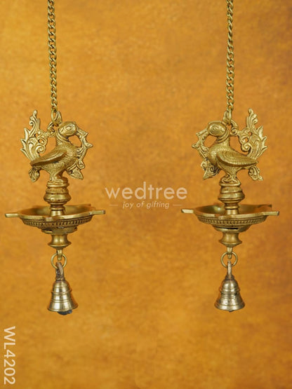 Brass Annapakshi Hanging 5-Face Diya with Bell [Set of 2] - WL4202