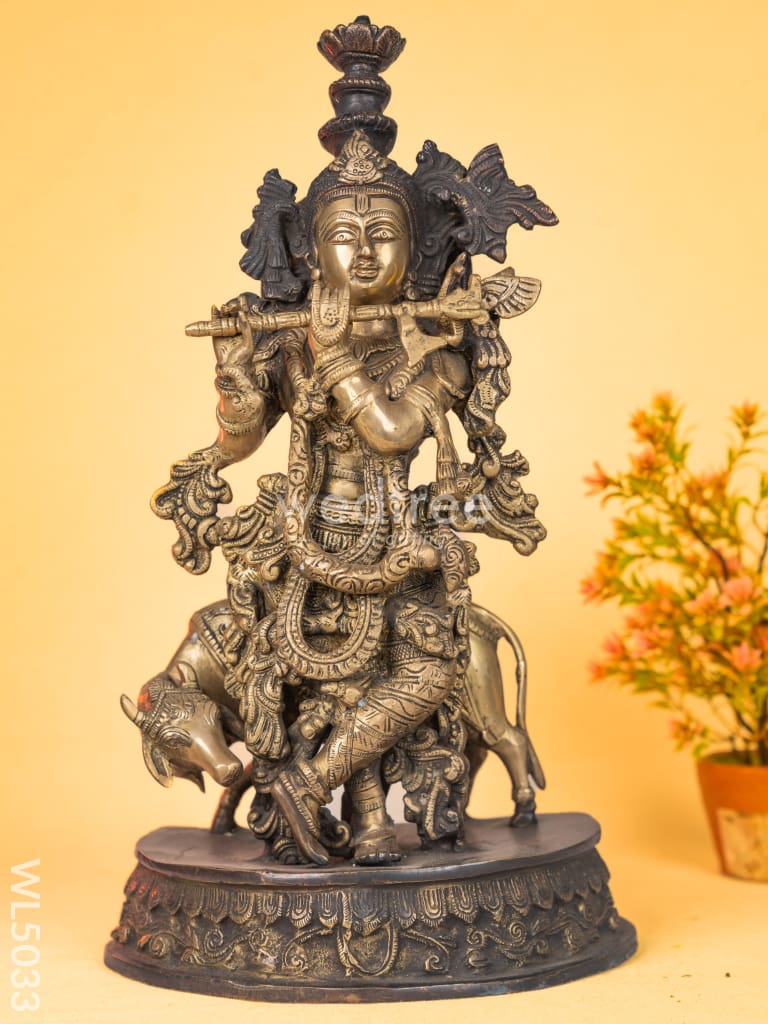 Brass Antique Cow with Krishna Idol - 18 inch - WL5033