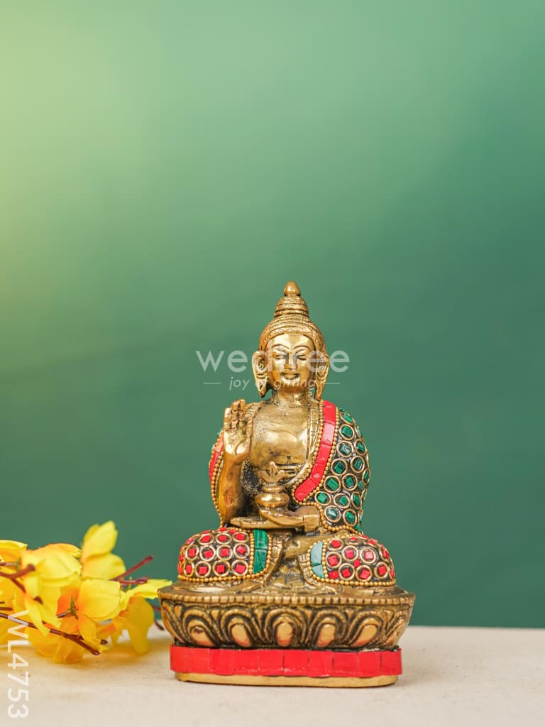 Brass Buddha Idol with Stonework - 7 inch - WL4753