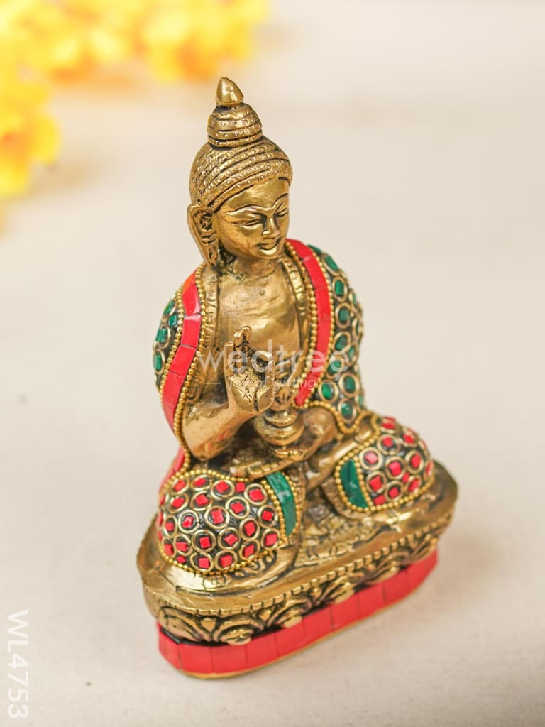 Brass Buddha Idol with Stonework - 7 inch - WL4753