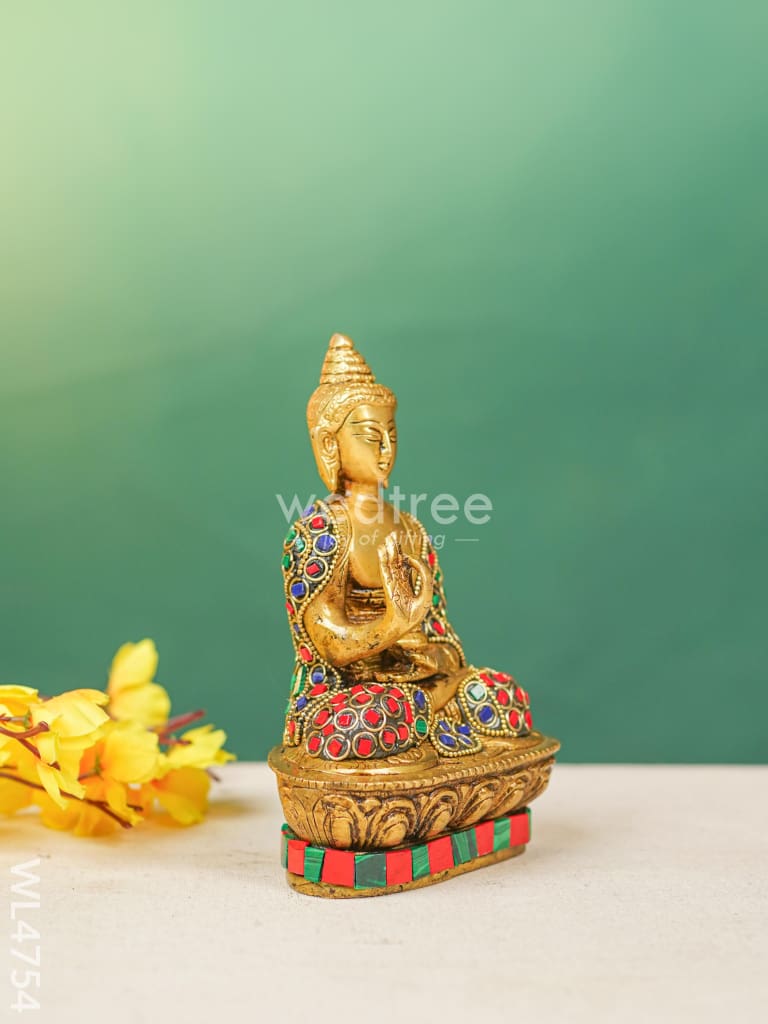 Brass Buddha Idol with Stonework - 7 inch - WL4754