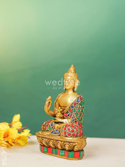 Brass Buddha Idol with Stonework - 7 inch - WL4754