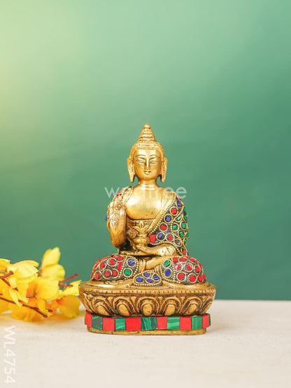 Brass Buddha Idol with Stonework - 7 inch - WL4754