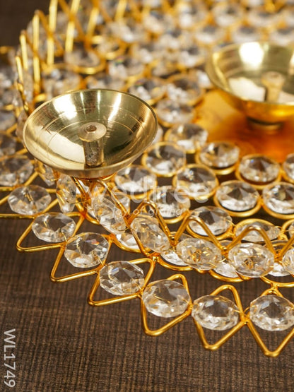 Brass Decorative Lotus Leaf Shaped Crystal Diya - WL1749