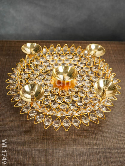 Brass Decorative Lotus Leaf Shaped Crystal Diya - WL1749