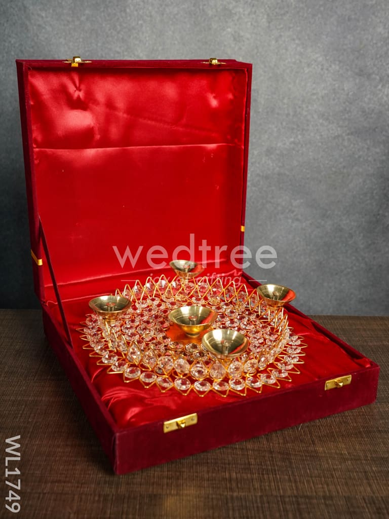 Brass Decorative Lotus Leaf Shaped Crystal Diya - WL1749