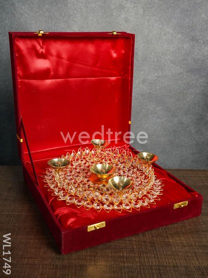 Brass Decorative Lotus Leaf Shaped Crystal Diya - WL1749