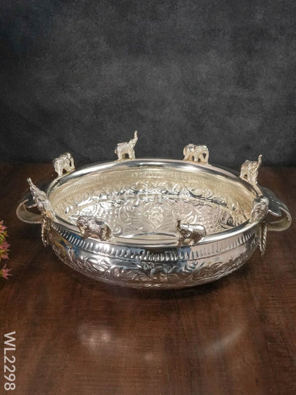 Brass Elephant Urli with Silver Coating - WL2298