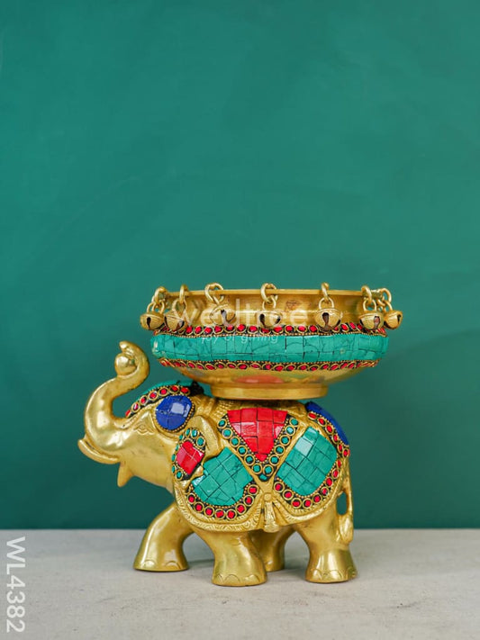Brass Elephant Urli with Tile Work - WL4382