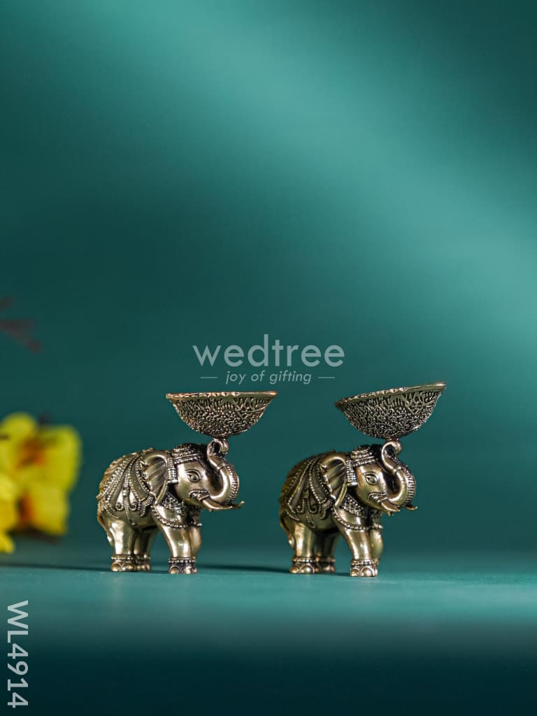 Brass Elephant with Diya - Set of 2 - WL4914