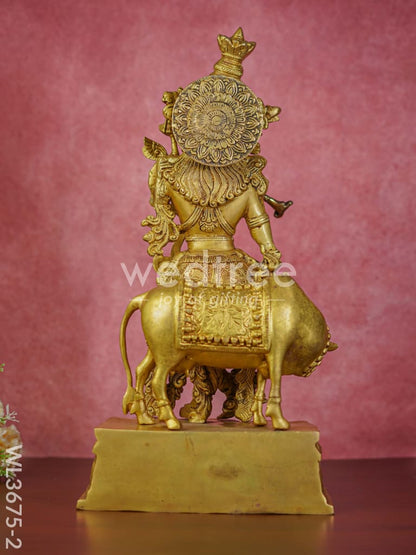 Brass Flute Krishna with Cow (Brown Antique Finish) - 23 inch - WL3675-2