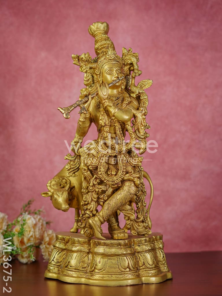 Brass Flute Krishna with Cow (Brown Antique Finish) - 23 inch - WL3675-2