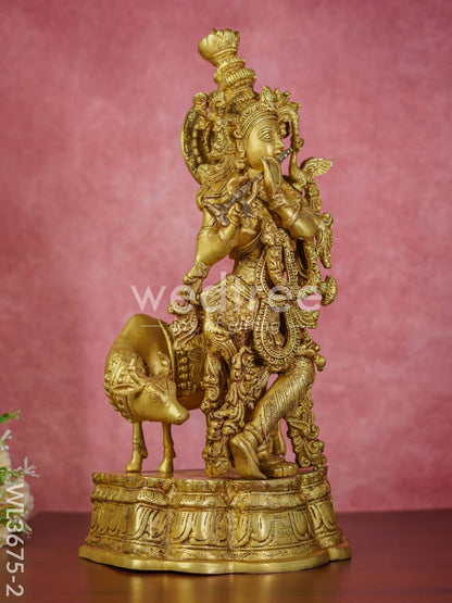Brass Flute Krishna with Cow (Brown Antique Finish) - 23 inch - WL3675-2