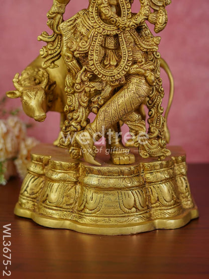 Brass Flute Krishna with Cow (Brown Antique Finish) - 23 inch - WL3675-2