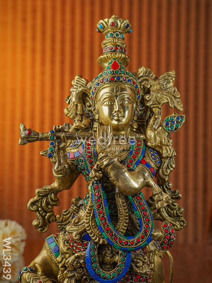 Brass Flute Krishna with Cow - Small - WL3439