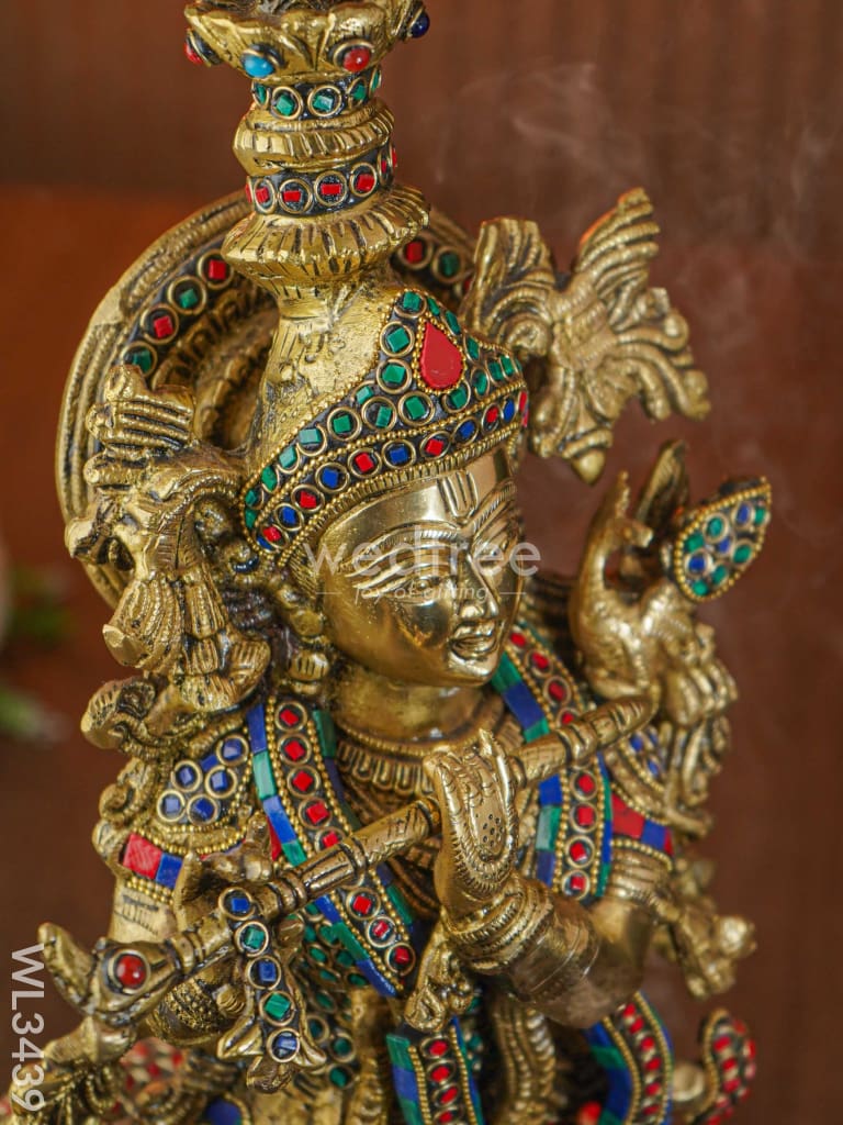 Brass Flute Krishna with Cow - Small - WL3439