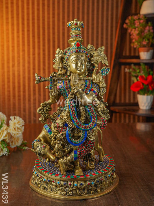 Brass Flute Krishna with Cow - Small - WL3439