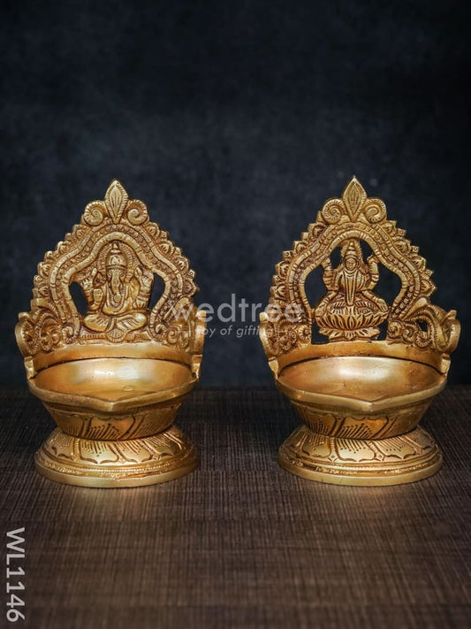 Brass Ganesh Lakshmi Diya with Round Base - Brown Antique Finish - WL1146