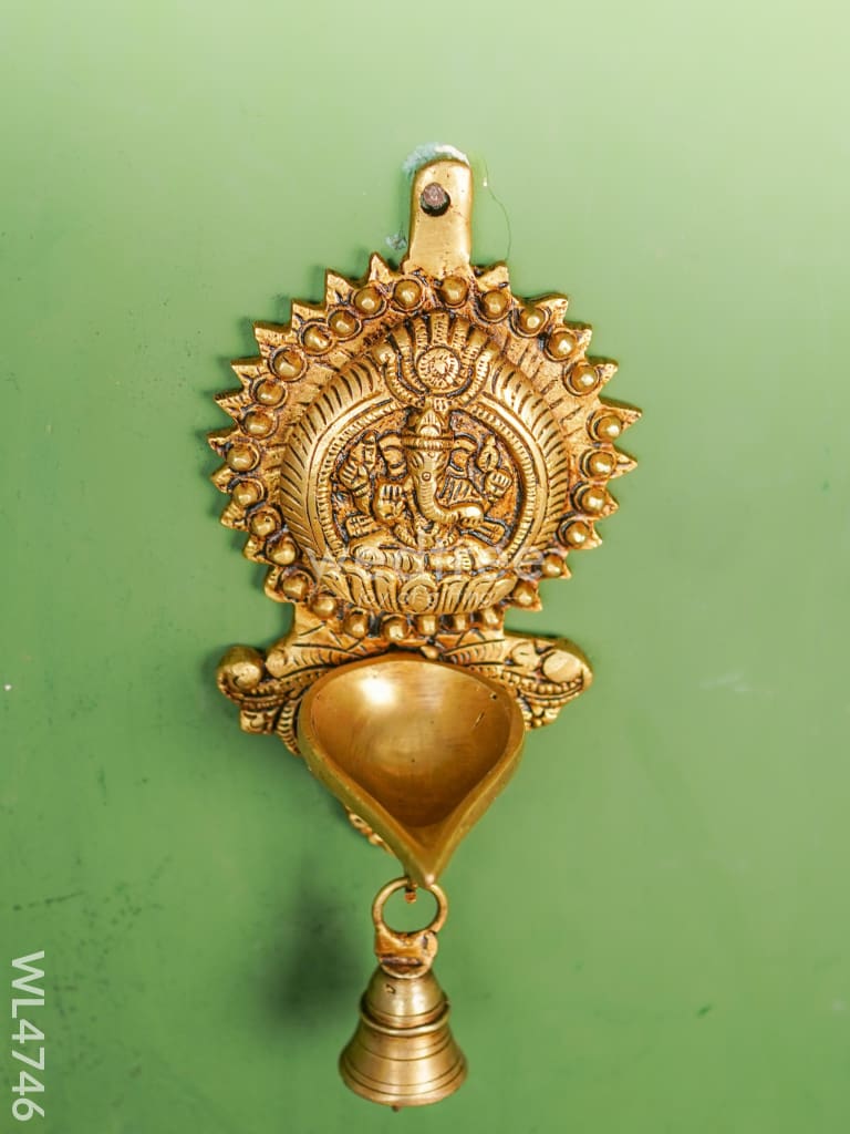 Brass Ganesha Diya with Bell Wall Hanging - 8 inch - WL4746