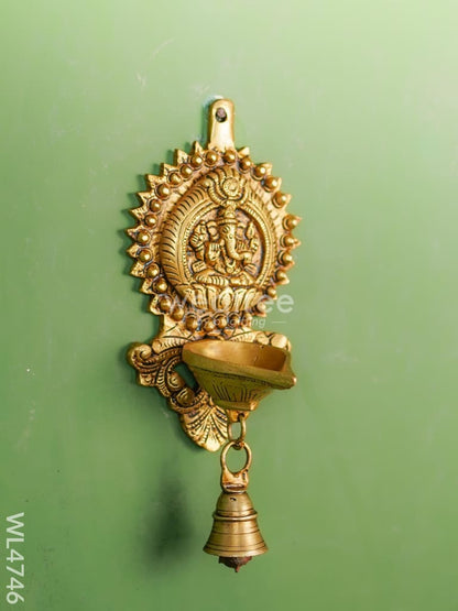 Brass Ganesha Diya with Bell Wall Hanging - 8 inch - WL4746