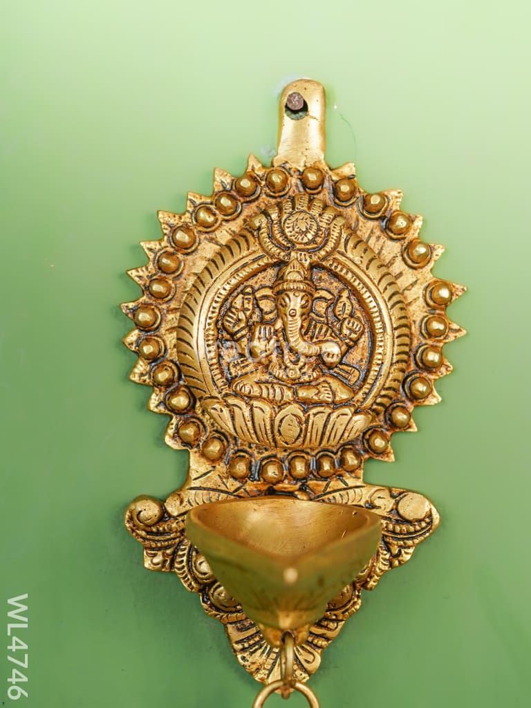 Brass Ganesha Diya with Bell Wall Hanging - 8 inch - WL4746
