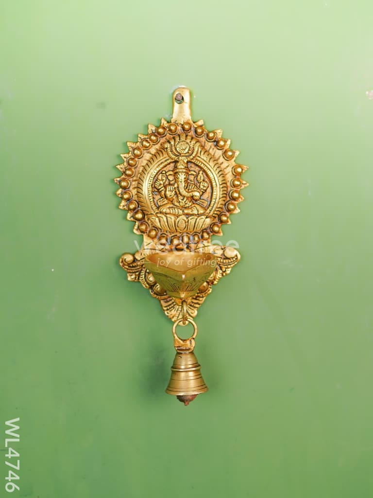 Brass Ganesha Diya with Bell Wall Hanging - 8 inch - WL4746