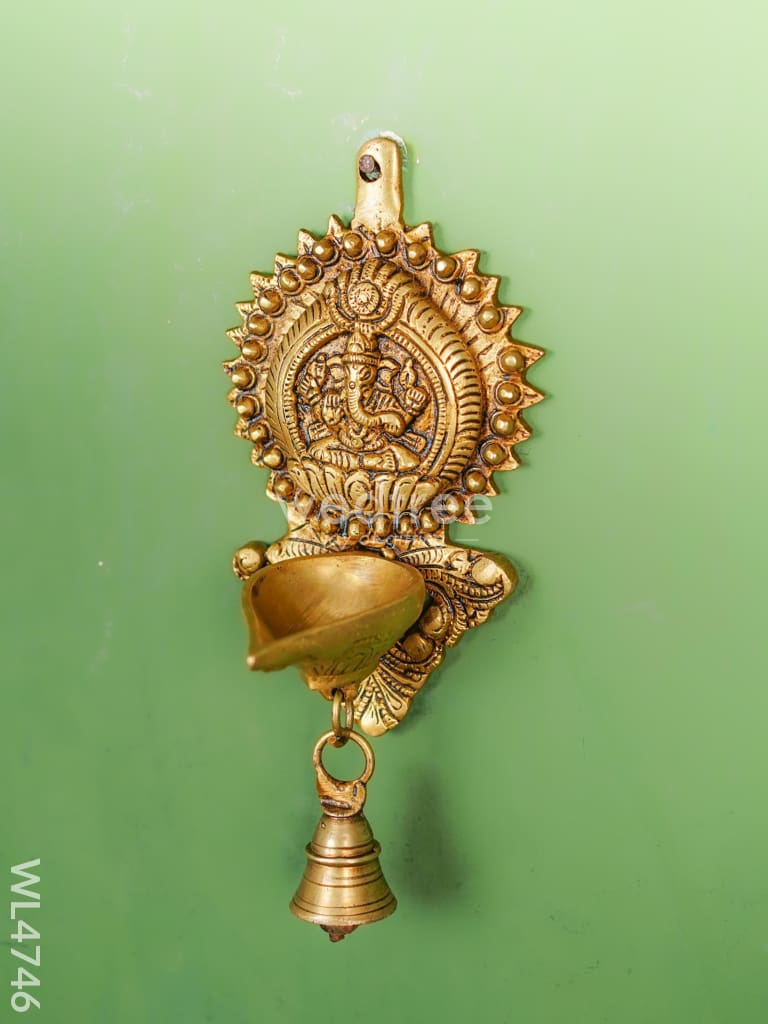 Brass Ganesha Diya with Bell Wall Hanging - 8 inch - WL4746
