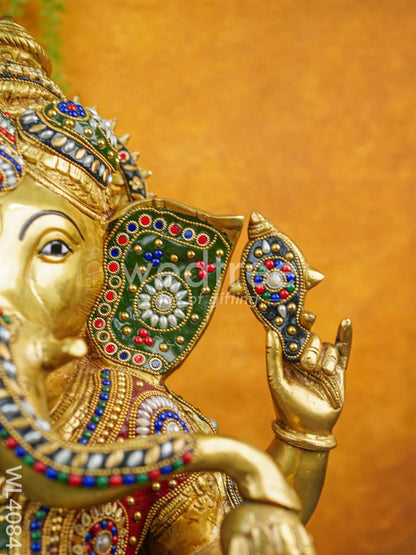Brass Ganesha Idol with Multicolour Stone Work - WL4084