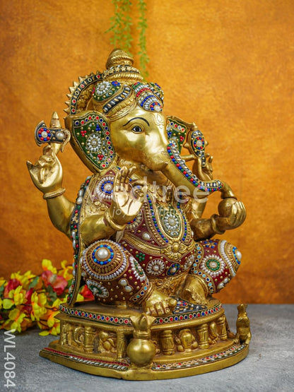 Brass Ganesha Idol with Multicolour Stone Work - WL4084
