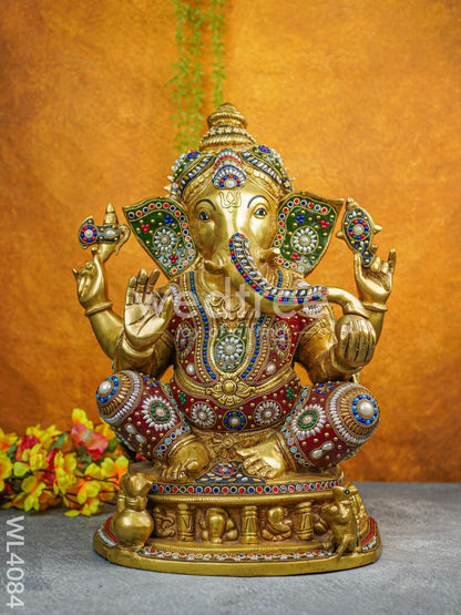 Brass Ganesha Idol with Multicolour Stone Work - WL4084