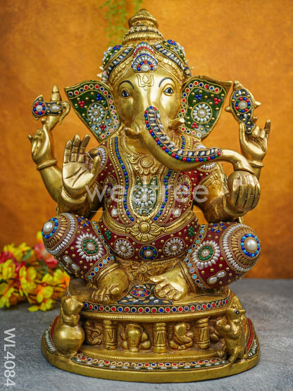 Brass Ganesha Idol with Multicolour Stone Work - WL4084