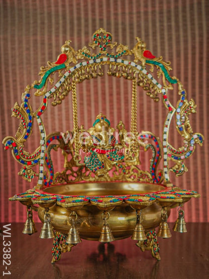 Brass Ganesha Jhoola Urli With 7 Diya and Bells - WL3382-1