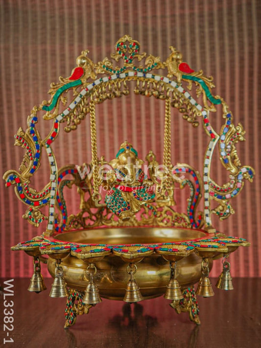 Brass Ganesha Jhoola Urli With 7 Diya and Bells - WL3382-1