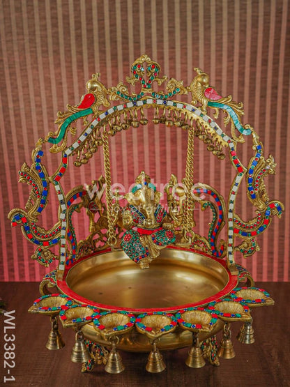 Brass Ganesha Jhoola Urli With 7 Diya and Bells - WL3382-1
