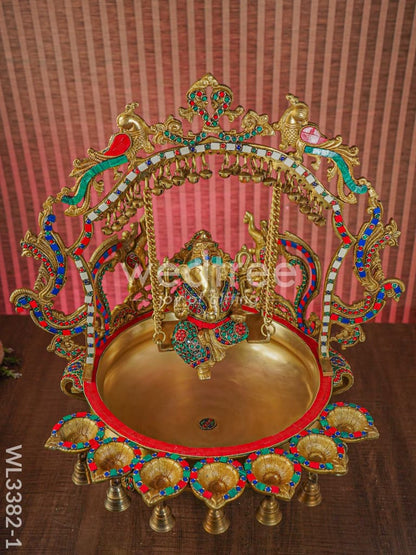Brass Ganesha Jhoola Urli With 7 Diya and Bells - WL3382-1