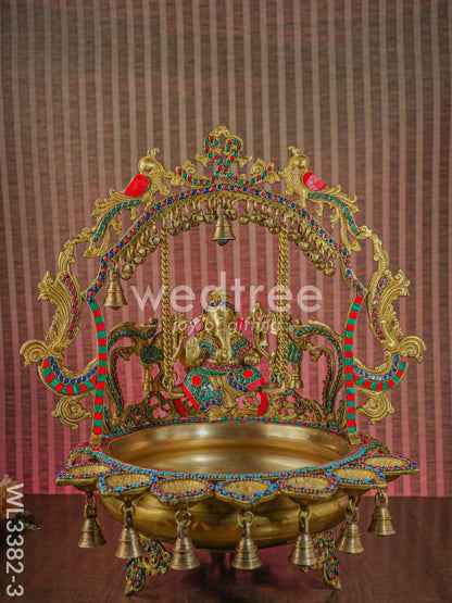 Brass Ganesha Jhoola Urli With 7 Diya and Bells - WL3382-3