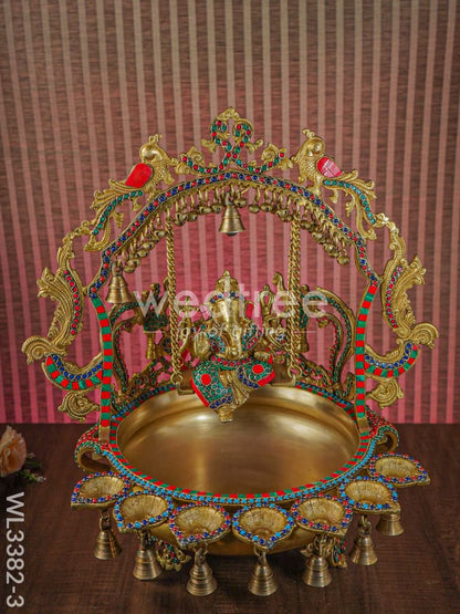 Brass Ganesha Jhoola Urli With 7 Diya and Bells - WL3382-3