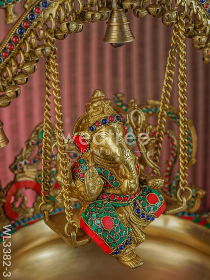 Brass Ganesha Jhoola Urli With 7 Diya and Bells - WL3382-3