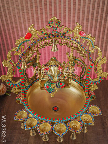 Brass Ganesha Jhoola Urli With 7 Diya and Bells - WL3382-3