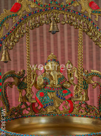 Brass Ganesha Jhoola Urli With 7 Diya and Bells - WL3382-3
